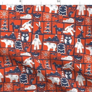 Yeti Red Snowy Fabric - Yeti With Forest Friends Blocks By Small Happiness Designs - Yeti Red Cotton Fabric By The Yard With Spoonflower