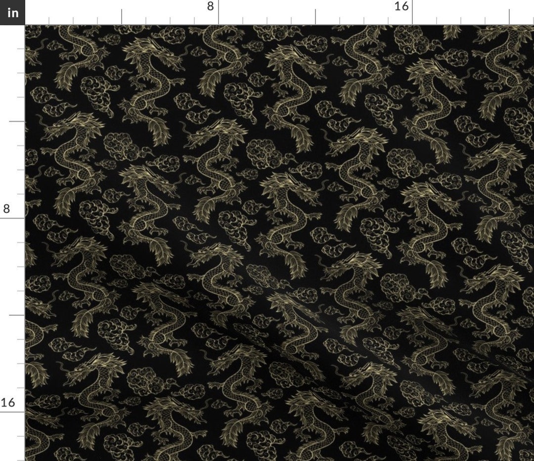 Small Scale Dragon Fabric Chinese Dragon and Clouds Black by Ilonitta