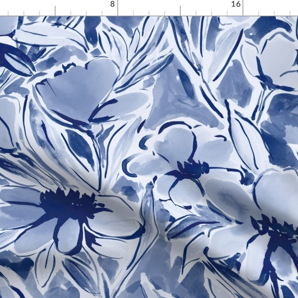 Blue Daisies Fabric - Painterly Floral Dark Blue Indigo Large Scale By Mjmstudio - Large Scale Cotton Fabric By The Yard With Spoonflower