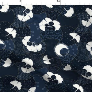 Midnight Fabric - Midnight Ginkgo Patchwork By Marketa Stengl - Navy Floral Oriental Nature Blue Cotton Fabric By The Yard With Spoonflower