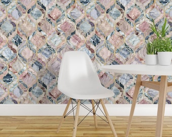 Moroccan Wallpaper - Marble Moroccan Tiles By Micklyn - Blush Gray White Boho Decor Removable Self Adhesive Wallpaper Roll by Spoonflower