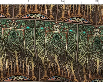 May include: A repeating pattern of intricate Celtic knotwork designs in shades of green, brown, and gold. The pattern features stylized trees and vines, creating a sense of nature and interconnectedness.