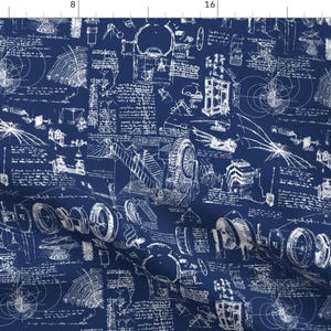 May include: A navy blue fabric with a white repeating pattern of intricate drawings of gears, wheels, and other mechanical designs. The pattern is reminiscent of an inventor's notebook.