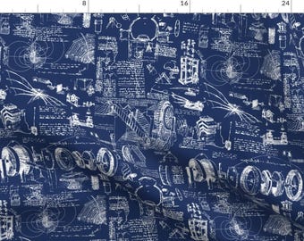 May include: A navy blue fabric with a white repeating pattern of intricate drawings of gears, wheels, and other mechanical designs. The pattern is reminiscent of an inventor's notebook.