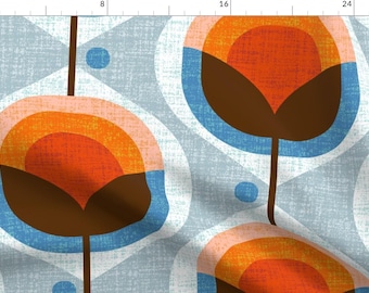 Mid Century Fabric - Mid Century Damask By Ottomanbrim - Orange Blue Red Geometric Garden Decor Cotton Fabric By The Yard With Spoonflower
