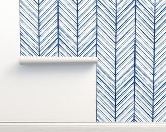 Shibori Wallpaper - Shibori Herringbone Indigo On White By Autumn Musick - Custom Printed Removable Adhesive Wallpaper Roll by Spoonflower