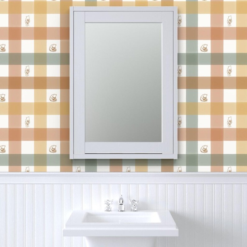 Pooh Gingham Peel and Stick Wallpaper - Vintage Gingham Warm Neutral - Removable Wall Decor Art - Winnie-the-pooh by at_the_cottage image 8
