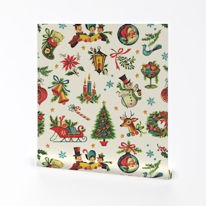 Vintage Christmas Removable Peel and Stick Wallpaper - Deer Christmas Santa - Wall Art Wall Decor - Retro Christmas by red_raspberry_design
