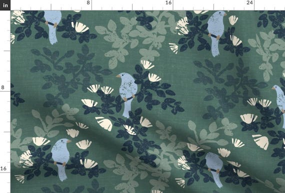 Blue Bird Fabric - Calm Blue Birds On Green By Nancy Bradham - Blue Bird Sage Green Floral Spring Cotton Fabric By The Yard With Spoonflower