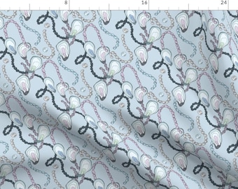 String of Pearls + Oyster Shells Fabric - Oysters And Pearls By Emmakisstina - Beach Decor Cotton Fabric By The Yard With Spoonflower