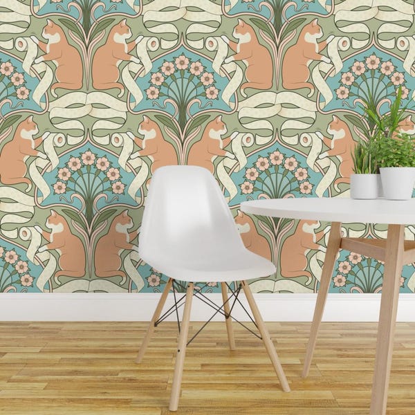 Whimsical Peel and Stick Wallpaper - Art Nouveau Art Deco Cat Toilet Paper Novelty - Removable Wall Decor Art - Tp Cat Green by mia_valdez