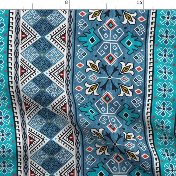 Turkish Fabric - Grand Bazaar Traditional Kilim Style Blue Aqua Teal By Heatherdutton - Printed Cotton Fabric By The Yard With Spoonflower