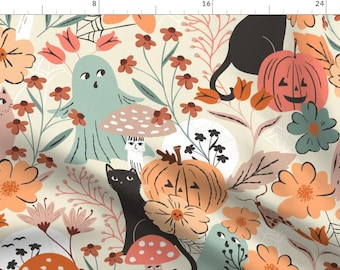 Cute Halloween Ghost Fabric - Ghosts And Pumpkin by sally_mountain - Pastel Floral Pumpkin Orange Fabric by the Yard by Spoonflower