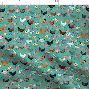 Chicken Breeds Fabric - Floral Chicks By Petfriendly - Teal Pink Rustic Shabby Chic Farmhouse Hen Cotton Fabric By The Yard With Spoonflower