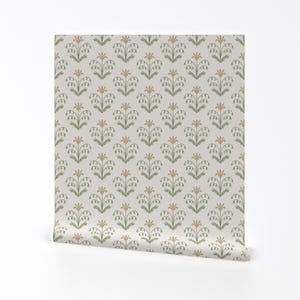 Vintage Floral Removable Peel and Stick Wallpaper - Yellow Cream Green - Wall Art Wall Decor - Theresa Mustard by heightsdesignstudio