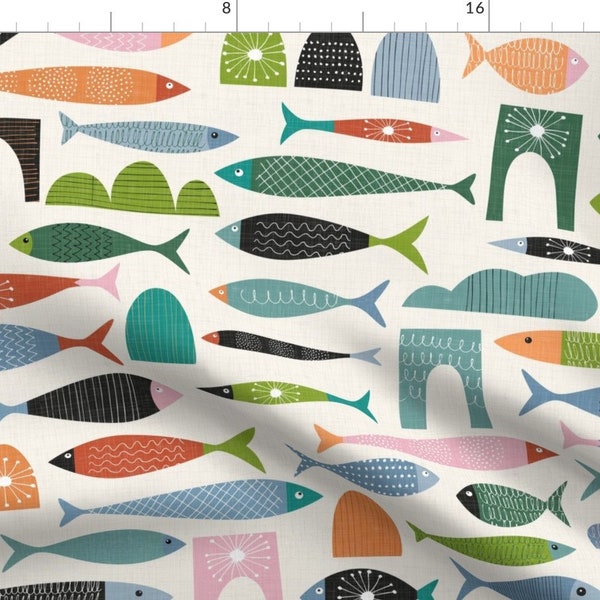 Mid Mod Cat Toys Fabric - Colorful Fishes by evamatise - Mid Century Modern Fish Abstract Colorful Playful Fabric by the Yard by Spoonflower