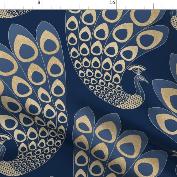 Blue Art Deco Fabric - Blue Deco Peacock by marketa_stengl - Peacock Art Nouveau Feathers 1920s Glamor  Fabric by the Yard by Spoonflower