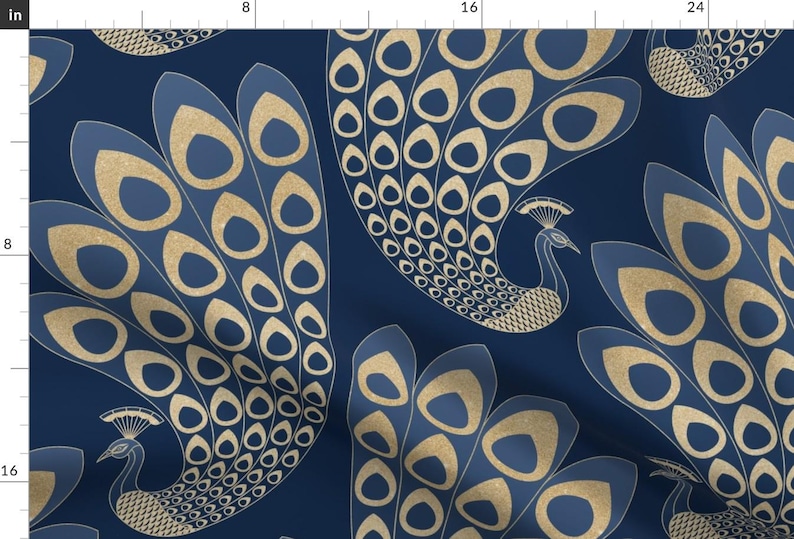 Blue Art Deco Fabric - Blue Deco Peacock by marketa_stengl - Peacock Art Nouveau Feathers 1920s Glamor  Fabric by the Yard by Spoonflower