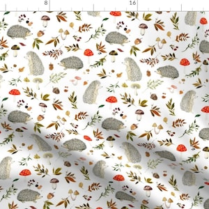 Hedgehog Fabric - Hedgehogs And Fall Foliage By Hipkiddesigns - Hedgehog White Red Green Winter Cotton Fabric By The Yard With Spoonflower