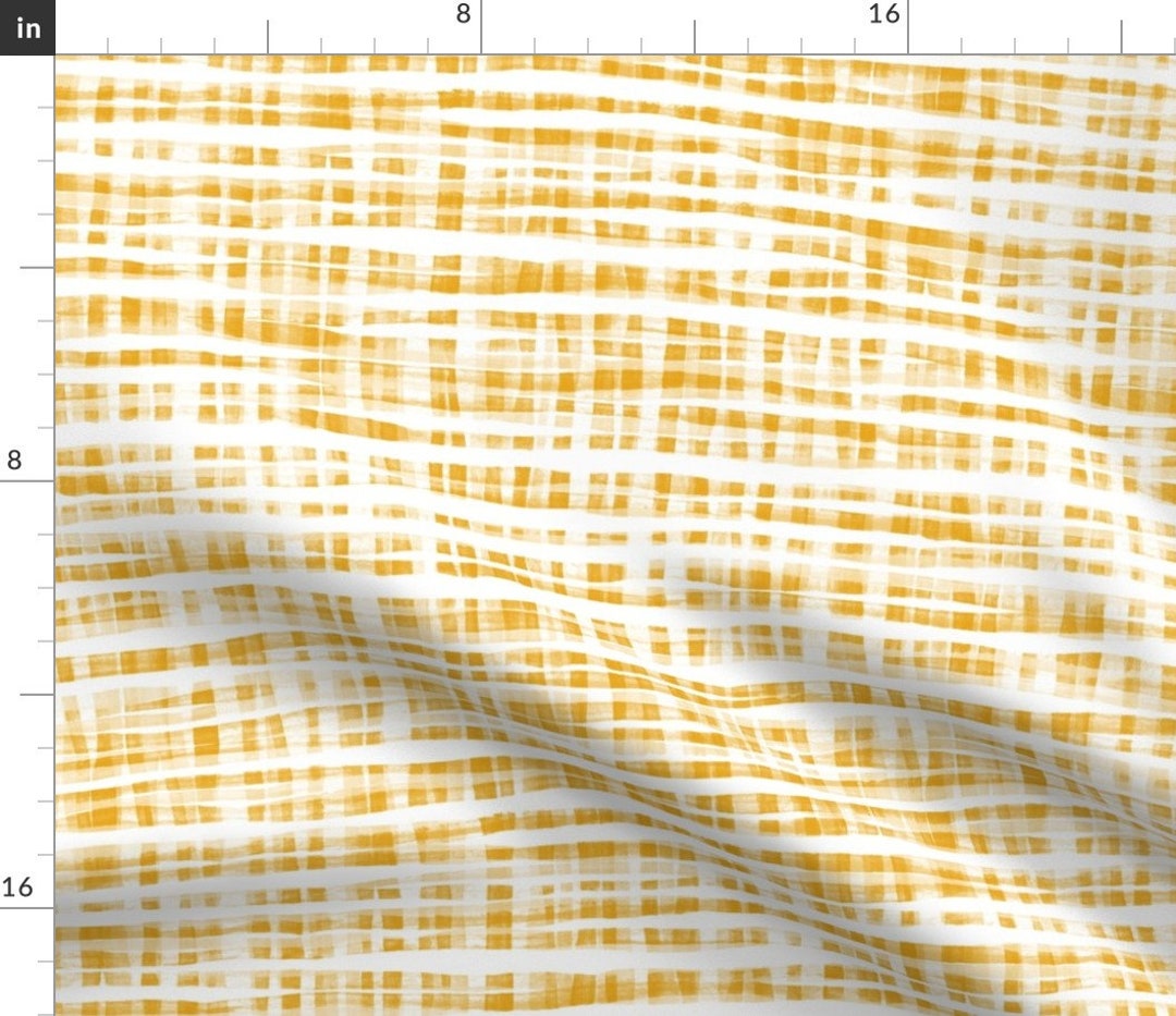Yellow Check Fabric Rustic Gouache Check in Mustard Yellow on White by