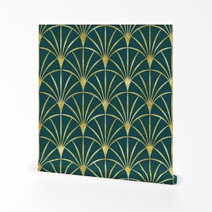 Art Deco Wallpaper - Art Deco Emerald Green Thin Gold Fans By Danadudesign - 1920s Removable Self Adhesive Wallpaper Roll by Spoonflower