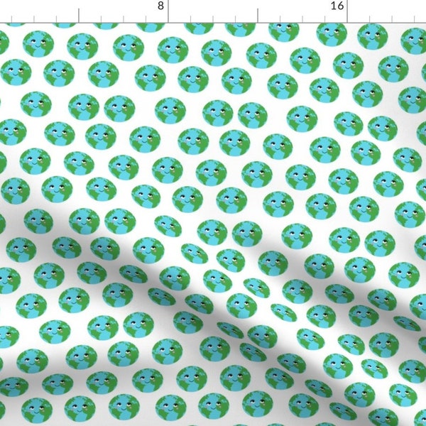 Earth Fabric - Happy Earth Fabric By Charlottewinter - White Blue Green Science Education Face Cotton Fabric By The Yard With Spoonflower