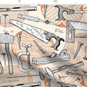 May include: A vintage illustration of woodworking tools, including a saw, hammer, chisel, plane, and nails. The tools are set against a background of wood grain patterns. The text "Fig. 14." and "Fig." are visible in the image.