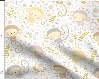 Monkey Fabric - Little Monkeys // By Petite Circus -Pastel Peach Gray Purple Modern Nursery Decor Cotton Fabric by the Yard with Spoonflower