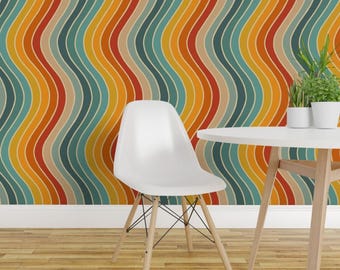 Retro Peel and Stick Wallpaper - 70s Yellow Mustard Cream Bold - Removable Wall Decor Art - Wavy Abstract Muted Rainbow by martaroseart