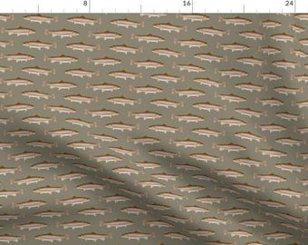 Green Fish Fabric - Small Rainbow Trout On Pewter Grey By Weavingmajor - Fishing Lake Green Cotton Fabric By The Yard With Spoonflower