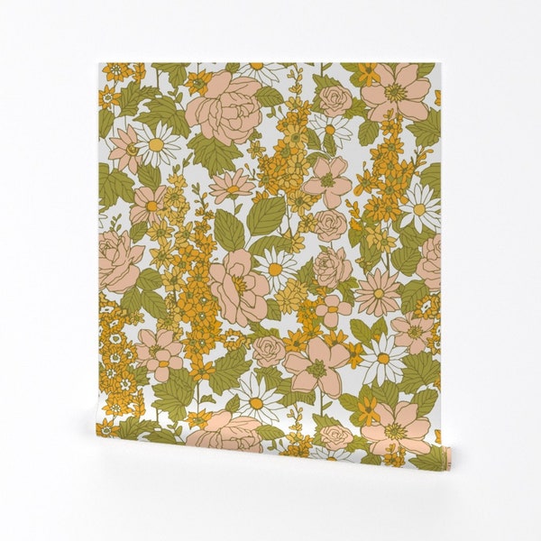 Retro Floral Wallpaper - Vintage Muted Floral By Samswhurld - Green Orange Pink Flower Removable Self Adhesive Wallpaper Roll by Spoonflower