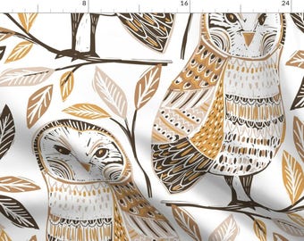 Woodland Owl Fabric - Barn Owls by laura_may_designs - Modern Bird Fall Leaves Autumn Owls Neutral Fabric by the Yard by Spoonflower
