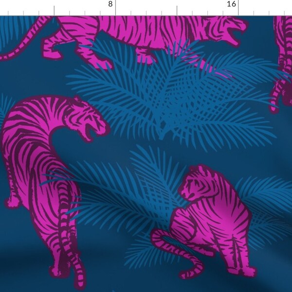 Maximalist Tigers Fabric - Jungle Tigers Bright by 2birdstone - Neon Pink Opulent Jungle Large Scale Fabric by the Yard by Spoonflower