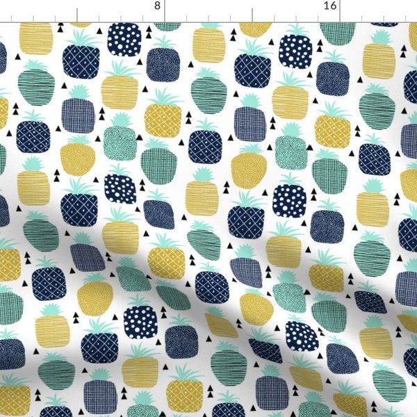 Pineapple Fabric - Tropical Fruit Summer Navy Blue Fabric By Charlotte Winter - Fruit Cotton Fabric By The Yard with Spoonflower