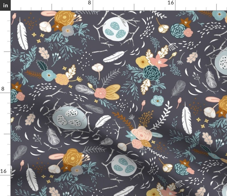 Feathers Fabric Feathers Flowers charcoal Custom Fabric Etsy