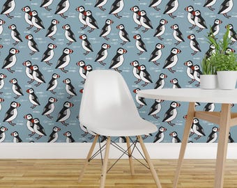Puffin Wallpaper -  Puffin Birds Kids By Andrea Lauren - Blue Puffin Custom Printed Removable Self Adhesive Wallpaper Roll by Spoonflower