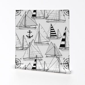 Sailboat Wallpaper - Sailboats Black On White By Mirabelle Print - Custom Printed Removable Self Adhesive Wallpaper Roll by Spoonflower