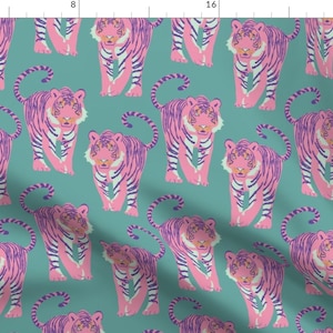 Tiger Fabric - Pink Tiger Walk By Nina Leth - Teal Purple Pink Tiger Jungle Tropical Animalier Cotton Fabric By The Yard With Spoonflower