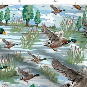 Mallard Ducks Fabric - Lakeside Migration by painterlysue - Flying Mallards Waterfowl Flying Birds Birding Fabric by the Yard by Spoonflower