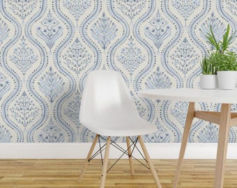 Light Blue Garden Peel and Stick Wallpaper - Grandmillennial Botanical Stripe - Removable Wall Decor Art - Large Botanical by danika_herrick
