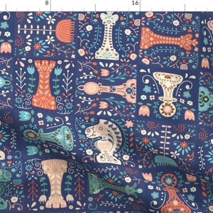 Game Night Fabric - Floral Chess By Luli Print - Blue Botanical Floral Gaming Trending Board Game Cotton Fabric By The Yard With Spoonflower