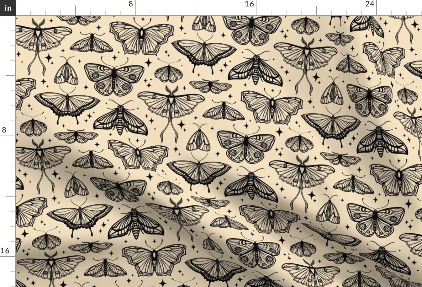 Flash Tattoo Fabric - Moths by new_branch_studio - Butterflies Antique Sepia Insects Line Art Moths Fabric by the Yard by Spoonflower