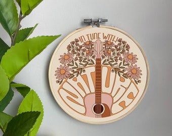 1970s Style Embroidery Template on Cotton -Rhythm and Grow By Nanshizzle -Retro Embroidery Pattern for 6" Hoop Custom Printed by Spoonflower
