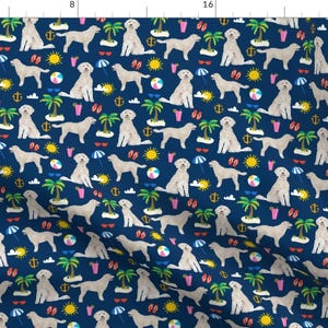 Beach Dog Fabric - Golden Doodle Dog Beach Summer Tropical Puppy By Petfriendly - Doodle Dog Cotton Fabric By The Yard With Spoonflower