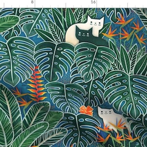 Monstera Cats Fabric - Tropical Cats Large Cat In Hawaiian Garden By Patricia Lima - Aloha Large Cotton Fabric by the Yard with Spoonflower