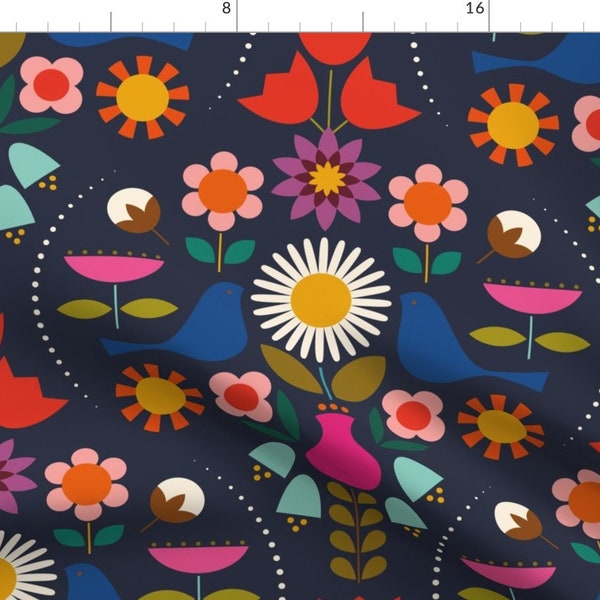 Flower Fabric - Scandinavian Primavera By Katerhees - Navy Colorful Folk Damask Dutch Trending Cotton Fabric By The Yard With Spoonflower