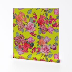 Floral Wallpaper - Vintage Roses Chartreuse By Theartwerks - Chartreuse Custom Printed Removable Self Adhesive Wallpaper Roll by Spoonflower