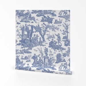 Carta da parati rimovibile Country Toile Peel and Stick - Toile De Jouy blu e bianco - Decorazione murale - Toile francese in blu di pickychicken