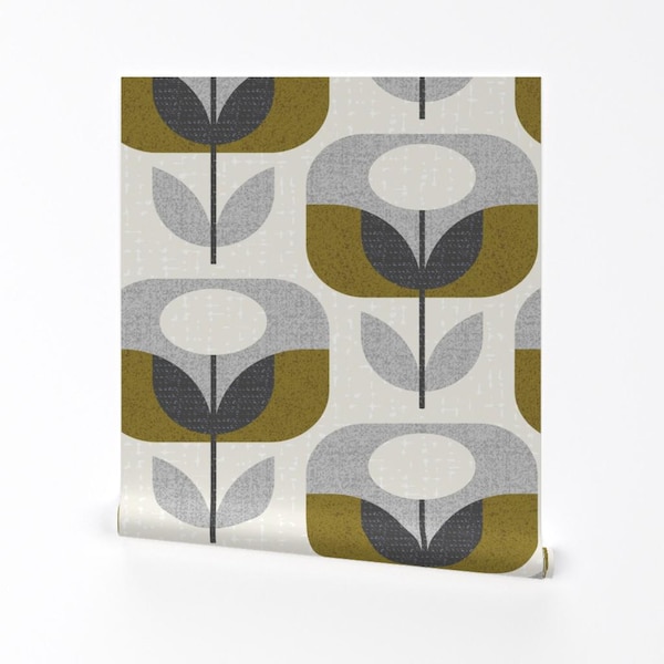 Retro Removable Peel and Stick Wallpaper - Geometric Floral Gray Neutral Scandi Mcm - Wall Art Wall Decor - Mod Blooms by ottomanbrim