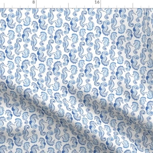 Preppy Coastal Apparel Fabric - White Blue Sea Horses by mariarein - Classic Beach Colorful Summer Ocean Navy Clothing Fabric by Spoonflower